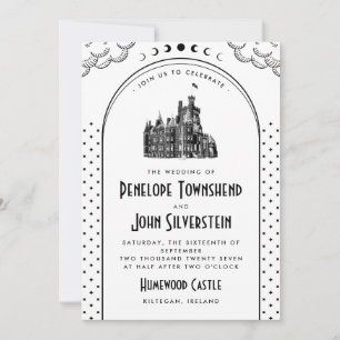 Gothic Art Deco Black White Castle Wedding Invitation