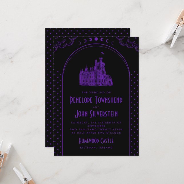 Gothic Art Deco Purple Black Castle Wedding Invitation (Front/Back In Situ)