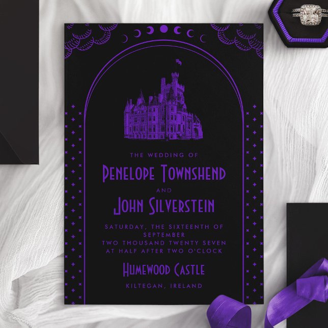 Gothic Art Deco Purple Black Castle Wedding Invitation (Gothic Art Deco Purple Black Castle Wedding Invitation)