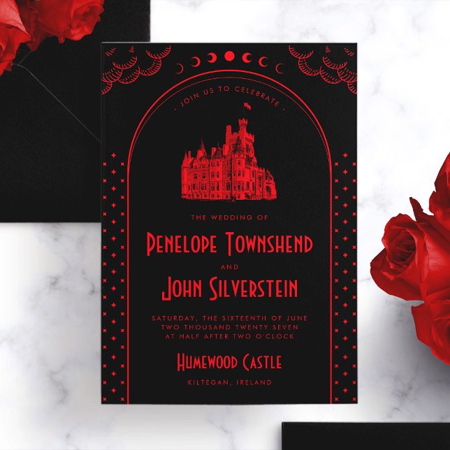 Gothic Art Deco Red Black Castle Wedding Invitation (Gothic Art Deco Red Black Castle Wedding Invitation)