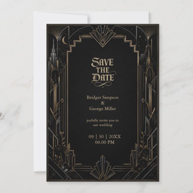 Gothic Art Deco Skyline Rose Wedding  Invitation (Front)