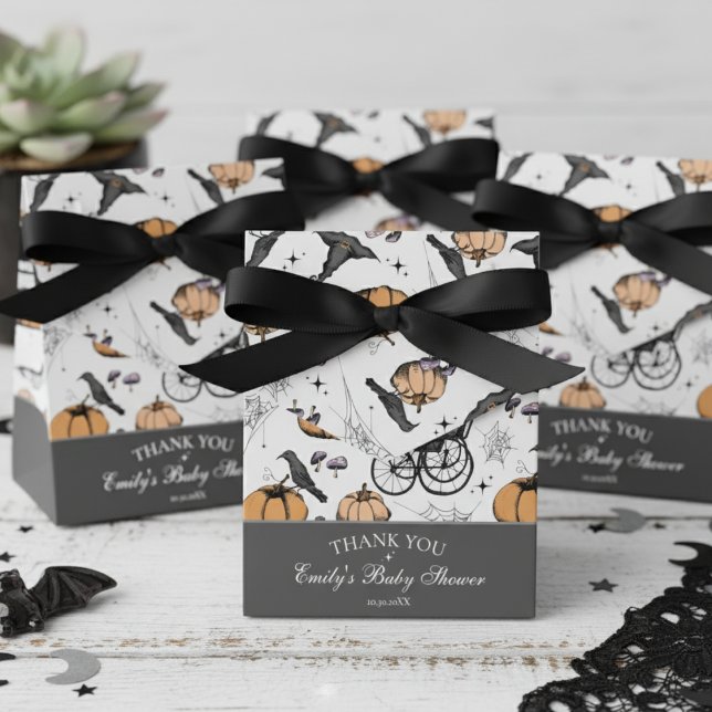 Gothic Baby Carriage Baby Shower Thank You Favour Box (Gender Neutral Gothic Gray Halloween Baby Shower Favor Boxes. Vintage Baby Carriage, Black Raven)
