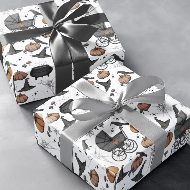 Gothic Baby Carriage Halloween Wrapping Paper (Victorian Baby Carriages, Pumpkins, Witch Hats, Crows, Spiderwebs and Tiny Mushrooms. )