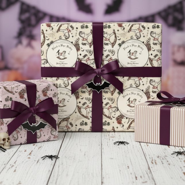 Gothic Baby Shower Pink Victorian Rocking Horse Wrapping Paper Sheet (Gothic Rock a Bye Baby Halloween Baby Shower Pink Stripes and Spooky Vintage Rocking Horse Pattern)