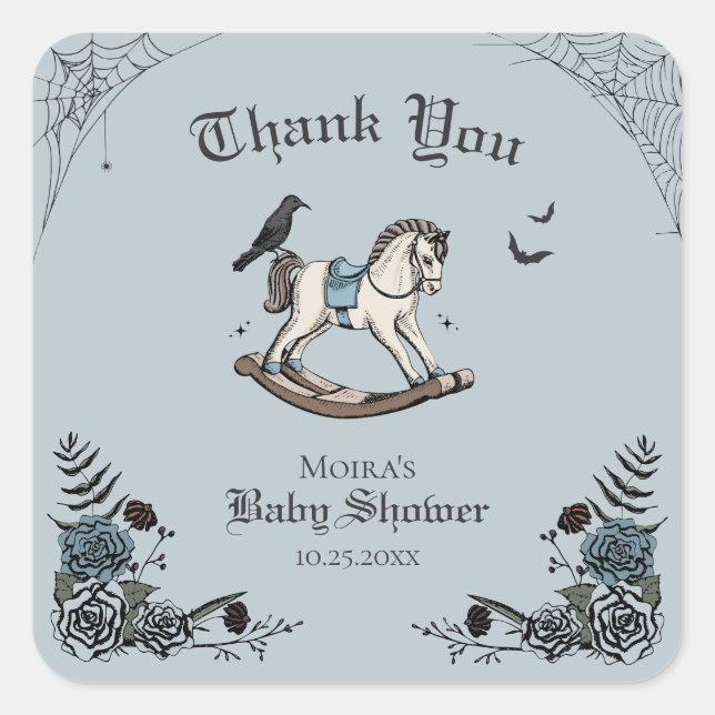 Gothic Baby Shower Rocking Horse Thank You Square Sticker (Front)