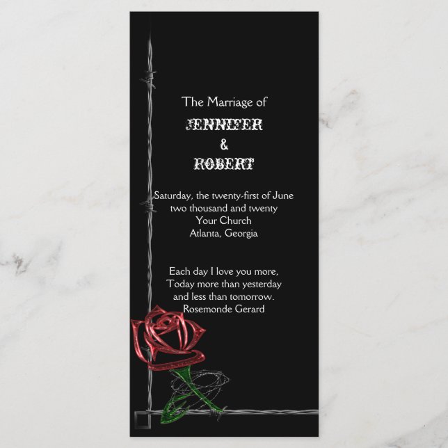Gothic Barbed Wire and Rose Wedding Program Programme (Front)