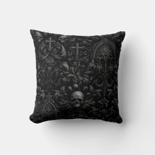 Gothic Baroque Skull Pattern in Black Cushion