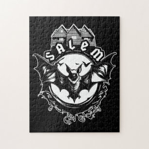 Gothic Bat And Salem Witch House Jigsaw Puzzle
