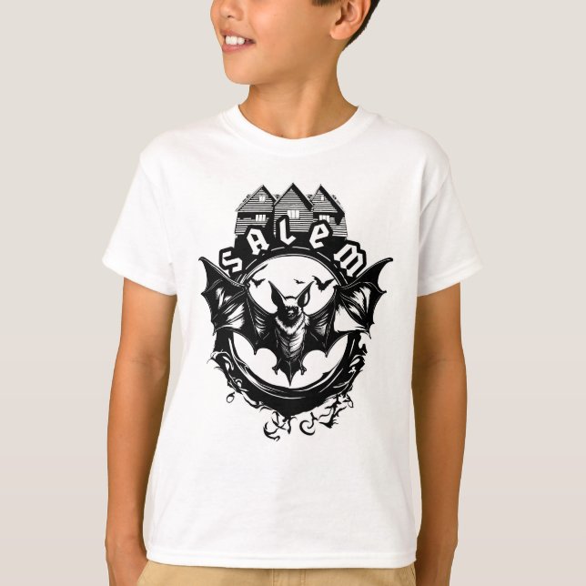 Gothic Bat And Salem Witch House T-Shirt (Front)