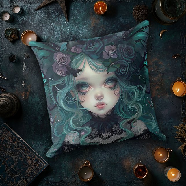 Gothic Bat Girl in Teal Cushion (Creator Uploaded)