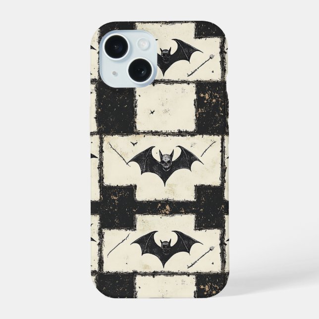 Gothic Bat Grunge Halloween Pattern iPhone 15 Case (Back)