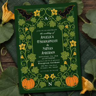 Gothic Bat Pumpkin Floral Autumn Wedding Invitation