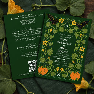 Gothic Bat Pumpkin Floral Autumn Wedding QR Code Invitation