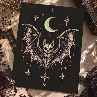 Gothic Bat Skull Crescent Moon Postcard