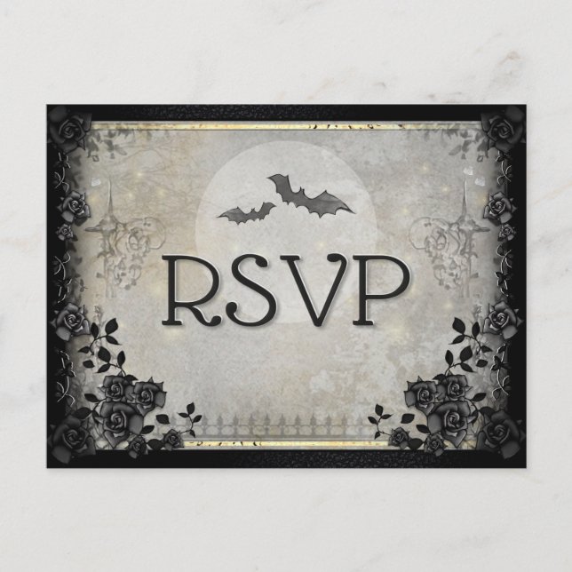 Gothic Bats Grey Halloween RSVP Menu PostCard (Front)