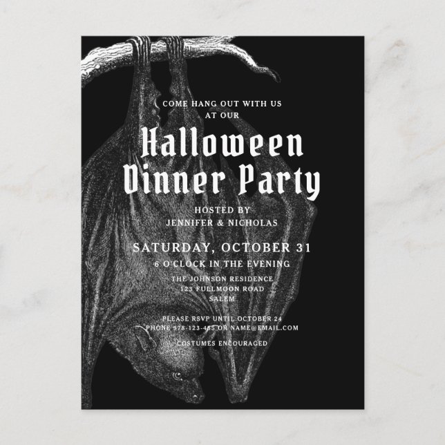 Gothic Bats Halloween Dinner Party Invitation Postcard (Front)