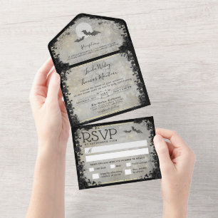 Gothic Bats MENU Elegant Halloween Wedding All In One Invitation