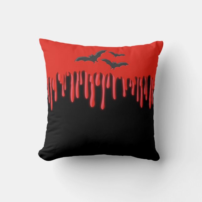 Gothic Bats & Red Dripping Blood Halloween Cushion (Front)