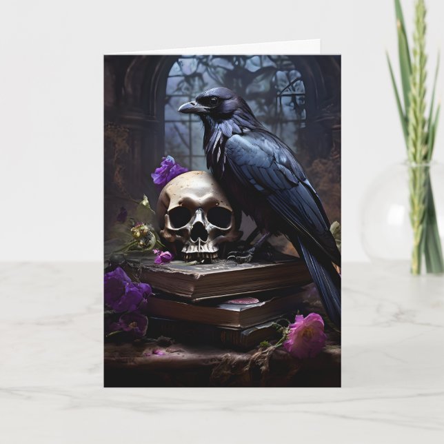 Gothic Beauty with Raven and Skull Holiday Card (Front)