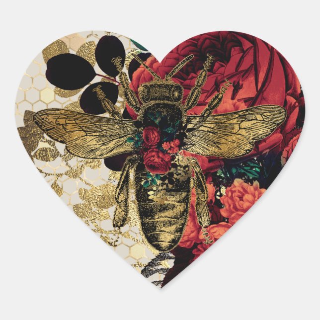 Gothic Bee & Roses Heart Sticker (Front)