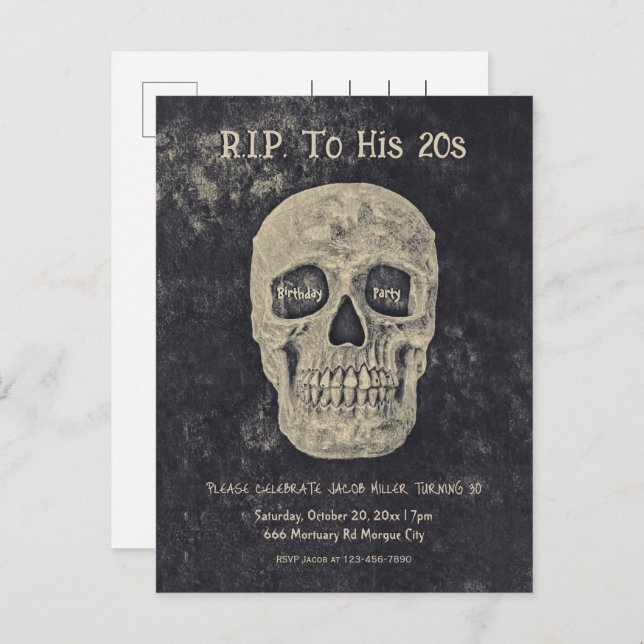 Gothic Beige Grey Skull Birthday RIP To His 20s Invitation Postcard (Front/Back)