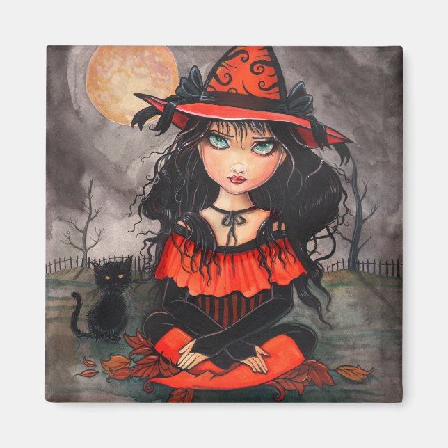 Gothic Big Eye Halloween Witch Cat Art Magnet (Front)