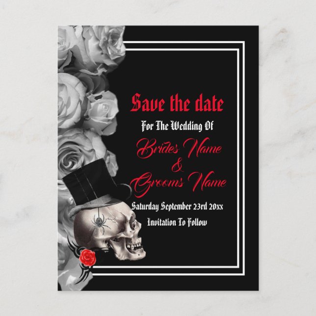 Gothic, biker or rock black wedding save the date announcement postcard (Front)