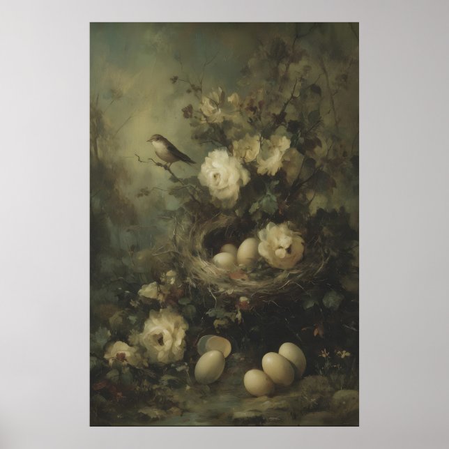 Gothic Bird Nest and Roses Oil Painting, Dark Poster (Front)