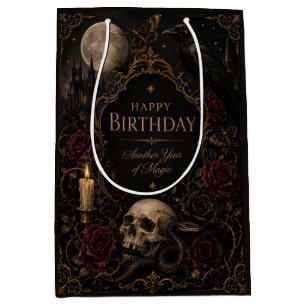 Gothic Birthday Card, Dark Floral, Moths, Roses Medium Gift Bag