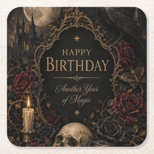 Gothic Birthday Card, Dark Floral, Moths, Roses Square Paper Coaster