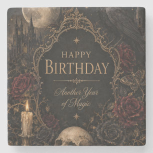 Gothic Birthday Card, Dark Floral, Moths, Roses Stone Coaster