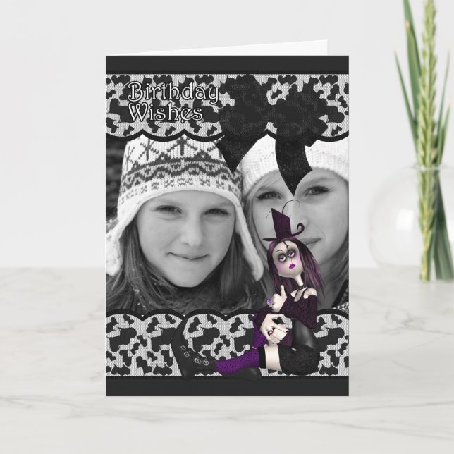 gothic birthday photo card with ribbon and lace - (Front)