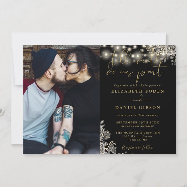 Gothic Black And Gold Floral Lights Photo Wedding Invitation (Front)