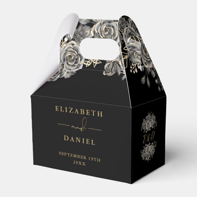 Gothic Black And Gold Floral Rose Monogram Wedding Favour Box (Front Side)