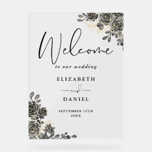 Gothic Black And Gold Floral Wedding Welcome Acrylic Sign