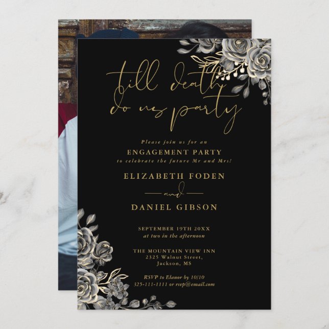 Gothic Black And Gold Photo Engagement Party Invitation (Front/Back)