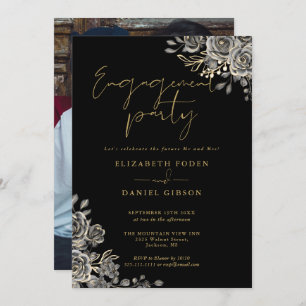 Gothic Black And Gold Photo Engagement Party Invitation