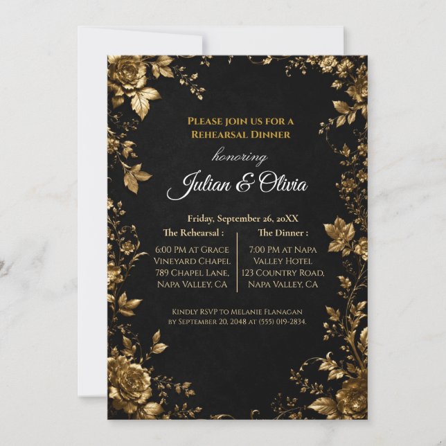 Gothic Black and Gold Rehearsal Dinner Invitation (Front)