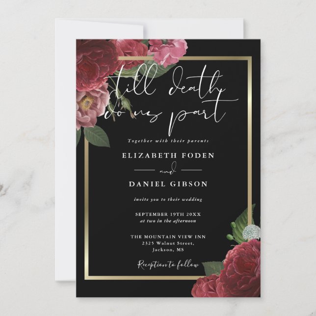 Gothic Black And Gold Roses Floral Wedding Invitation (Front)