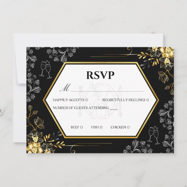 Gothic Black and Gold Wedding RSVP Card (Front)