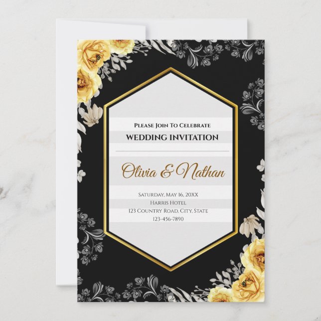 Gothic Black and Mustard Yellow Wedding Invitation (Front)