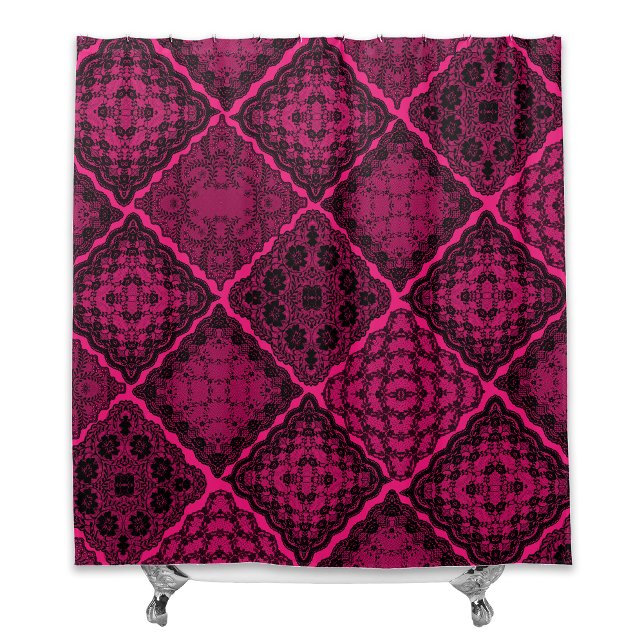 Gothic Black and Neon Pink Faux Lace Quilt Shower Curtain (Creator Uploaded)