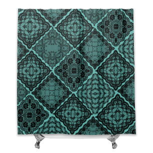 Gothic Black and Teal Green Faux Lace Quilt Shower Curtain