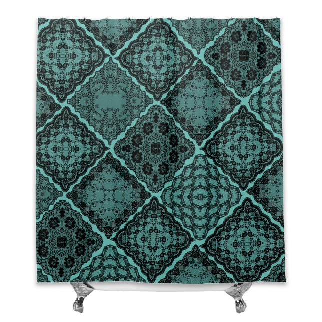 Gothic Black and Teal Green Faux Lace Quilt Shower Curtain (Creator Uploaded)