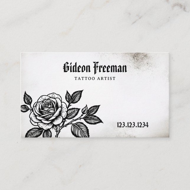 Gothic Black and White Leafy Rose Tattoo Artist Business Card (Front)