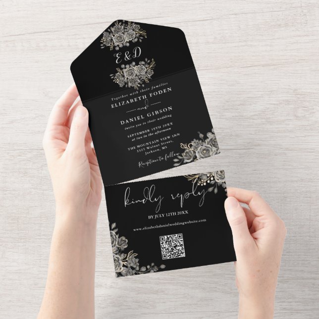 Gothic Black And White Monogram QR Code Wedding All In One Invitation (Tearaway)
