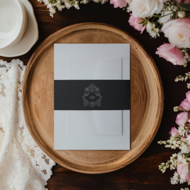 Gothic Black and White Monogram Wedding Invitation Belly Band (Creator Uploaded)