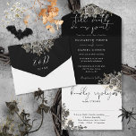 Gothic Black And White Roses Floral Wedding All In One Invitation<br><div class="desc">All in one gothic wedding invitation featuring black and gold roses florals falling across elegant typography. The invitation includes a perforated RSVP card that can be individually addressed or left blank for you to handwrite your guest's address details. Designed by Thisisnotme©</div>