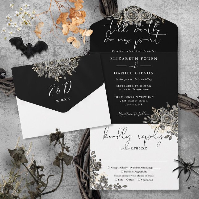 Gothic Black And White Roses Floral Wedding All In One Invitation (Gothic Black And White Roses Floral Wedding All In One Invitation)