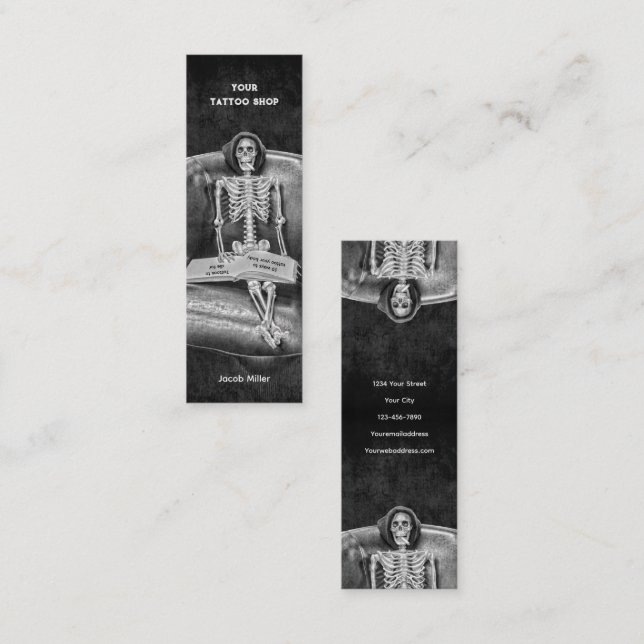 Gothic Black And White Skeleton Tattoo Shop Mini Business Card (Front/Back)